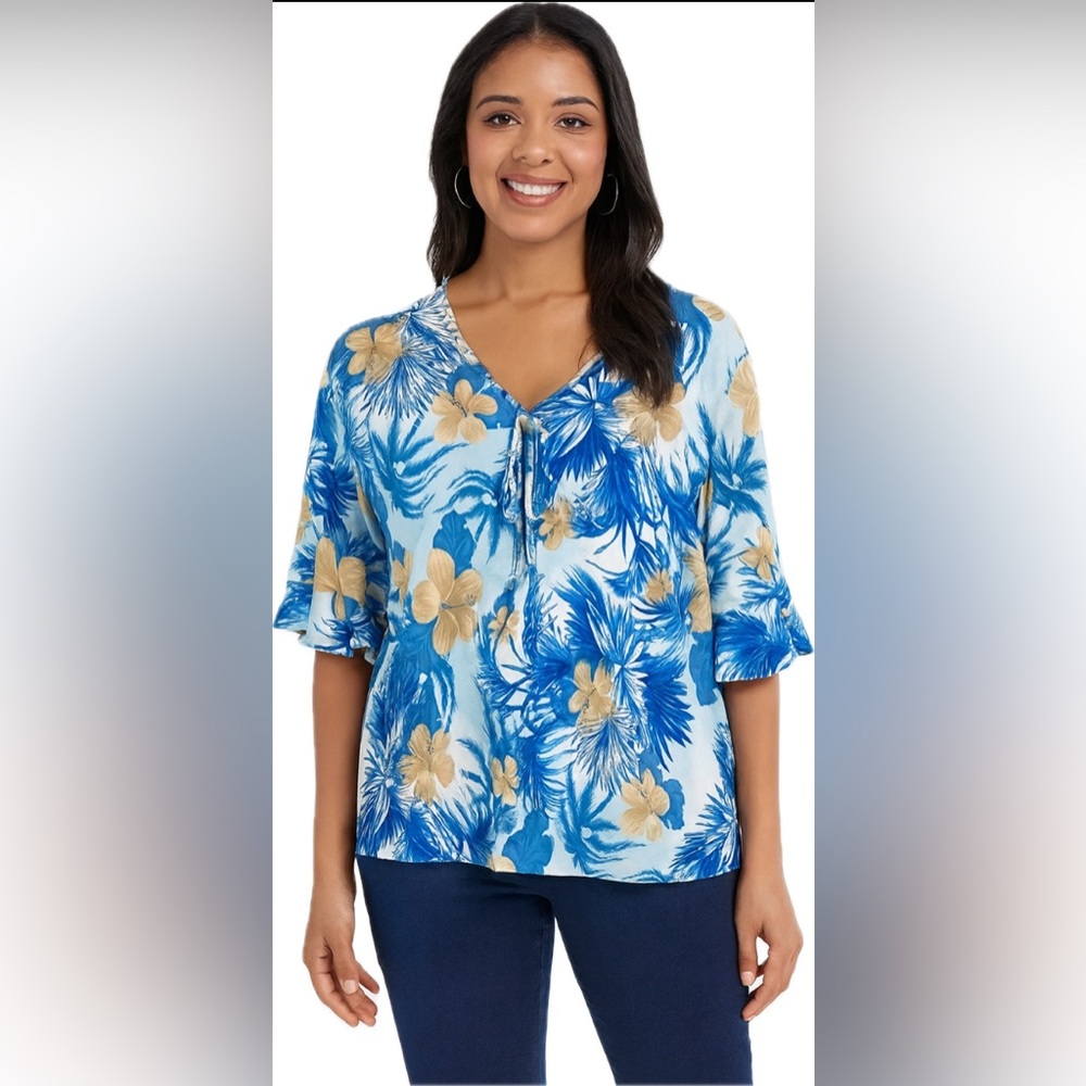 Vintage Parttee Blue Tropical Floral Hawaiian Blouse Top Size Medium